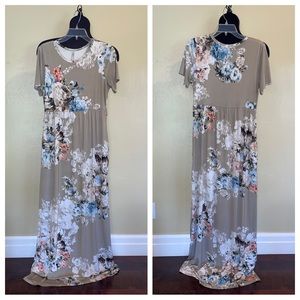 Bellamie Maxi Dress Tan Floral with Pockets Short Sleeves Size Large